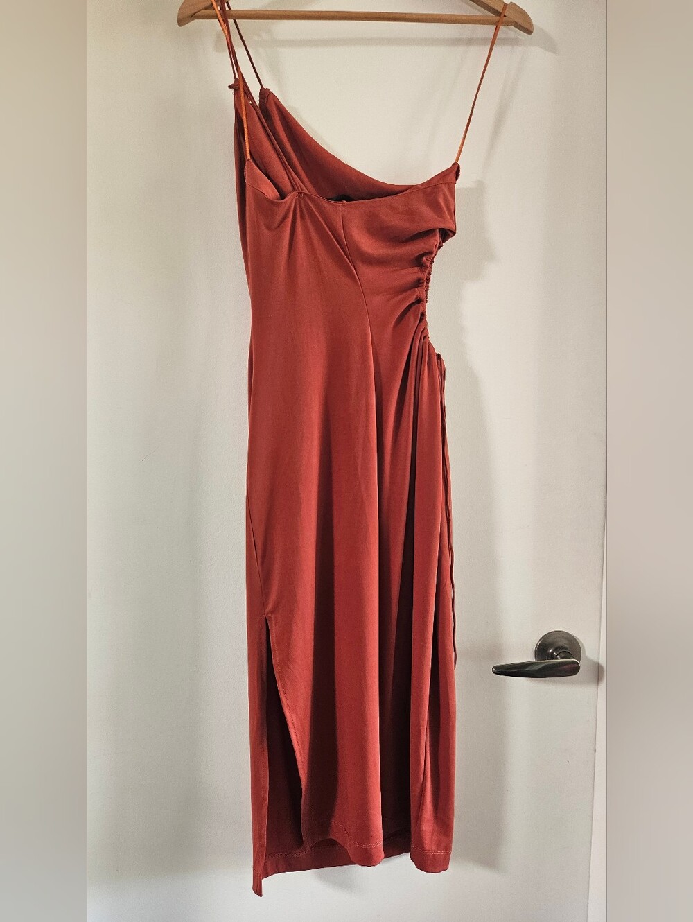 Dynamite Rust-Red Asymmetrical Ruched Slip Dress - Picture 2 of 4